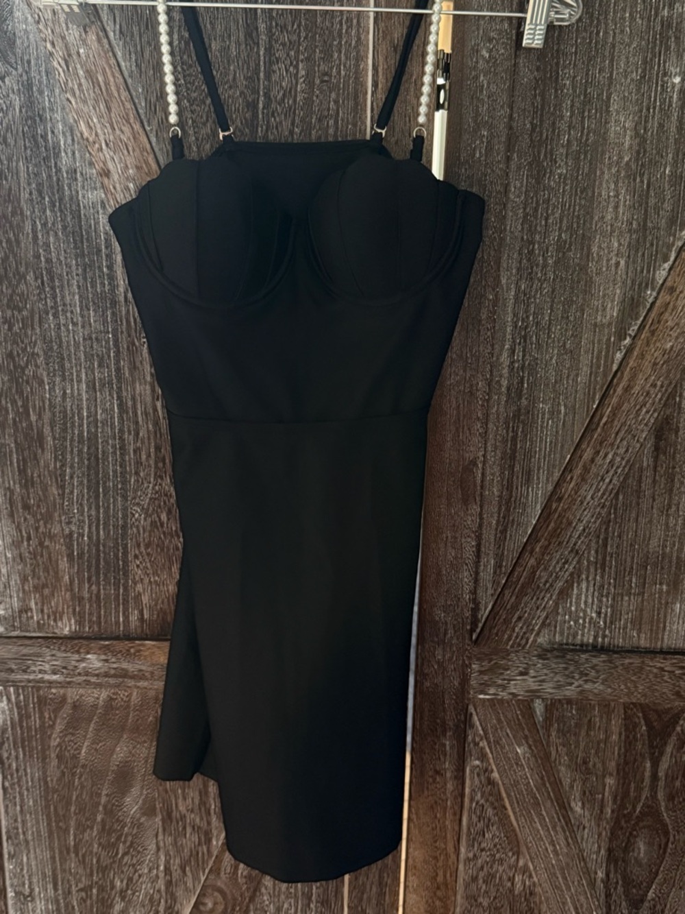 NWT Cider Black Bustier Mini Dress with Faux Pearl-Strap Detail